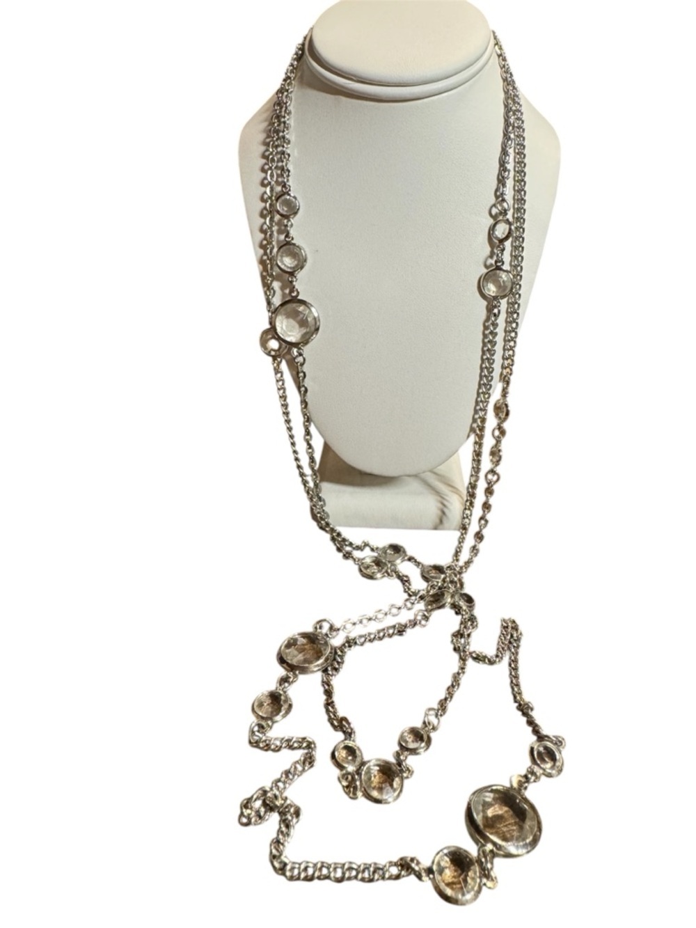 Silver Tone Layered Crystal Station Necklace Long Multi Chain Statement